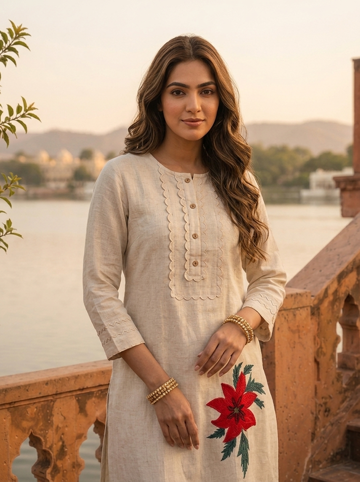 Ivory Red Cotton Poinsettia Embroidered Two Piece Set