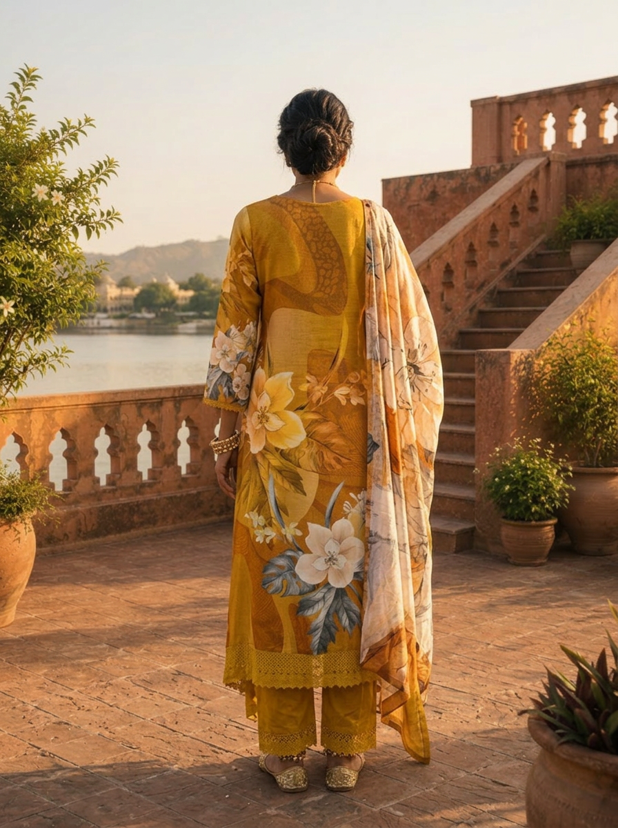 Mustard Rayon Modern Digital Tropical Floral Printed Three Piece Set