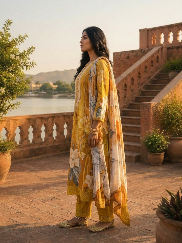 Mustard Rayon Modern Digital Tropical Floral Printed Three Piece Set