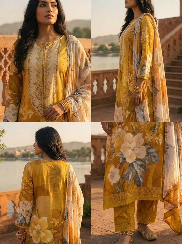 Mustard Rayon Modern Digital Tropical Floral Printed Three Piece Set