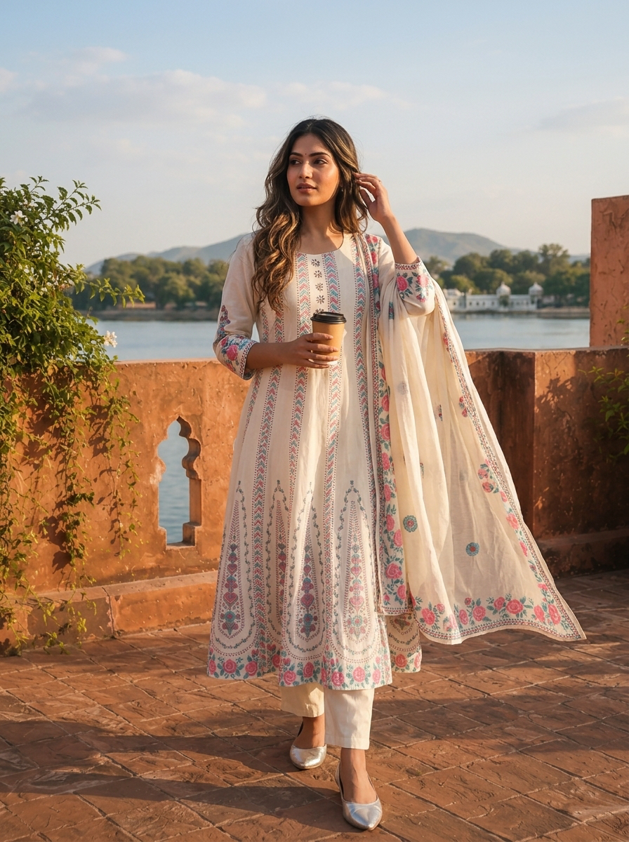 Cream Cotton Arrow Panels Printed Three Piece Set