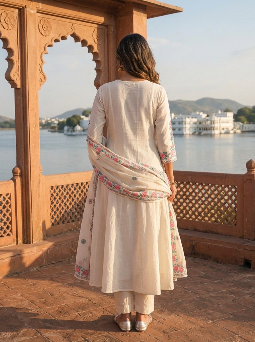 Cream Cotton Arrow Panels Printed Three Piece Set