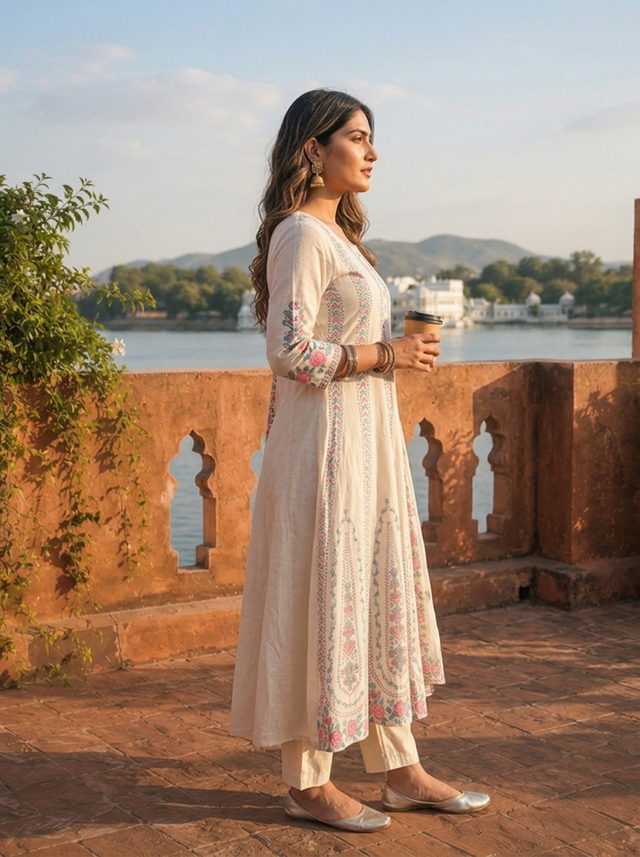 Cream Cotton Arrow Panels Printed Three Piece Set
