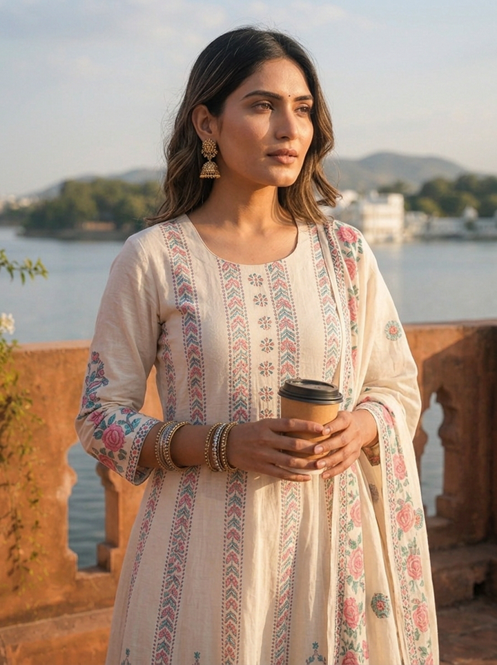 Cream Cotton Arrow Panels Printed Three Piece Set
