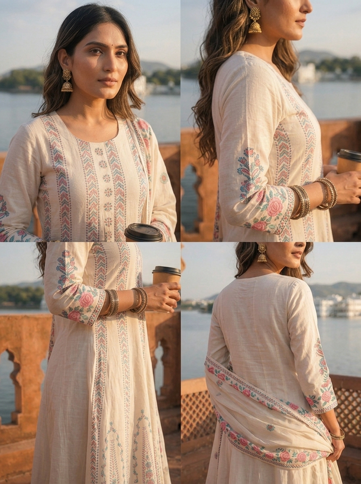 Cream Cotton Arrow Panels Printed Three Piece Set