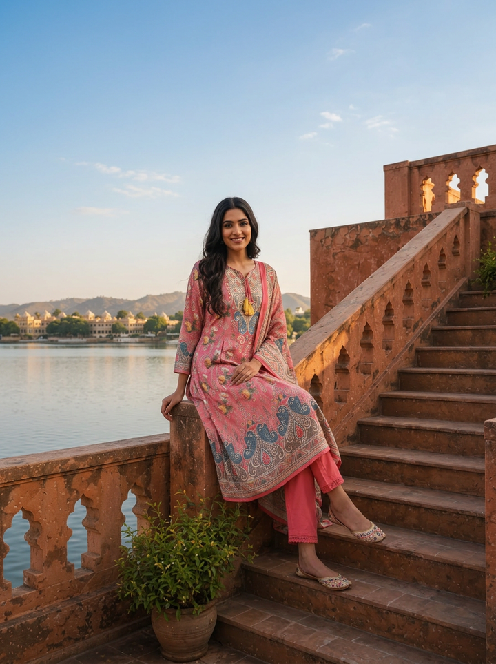 Onion Pink Silk Floral With Paisley Panel Printed Three Piece Set