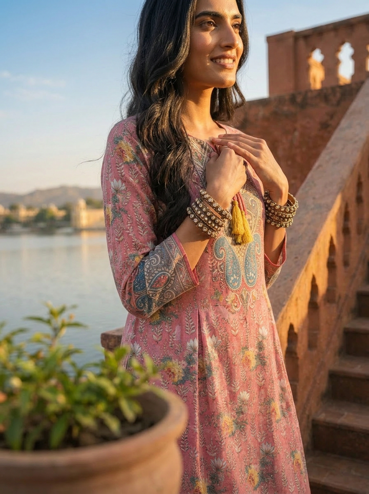 Onion Pink Silk Floral With Paisley Panel Printed Three Piece Set