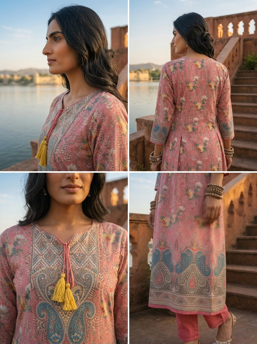Onion Pink Silk Floral With Paisley Panel Printed Three Piece Set