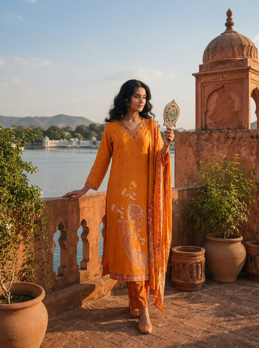 Gold Rayon Paisley Floral Printed Three Piece Set