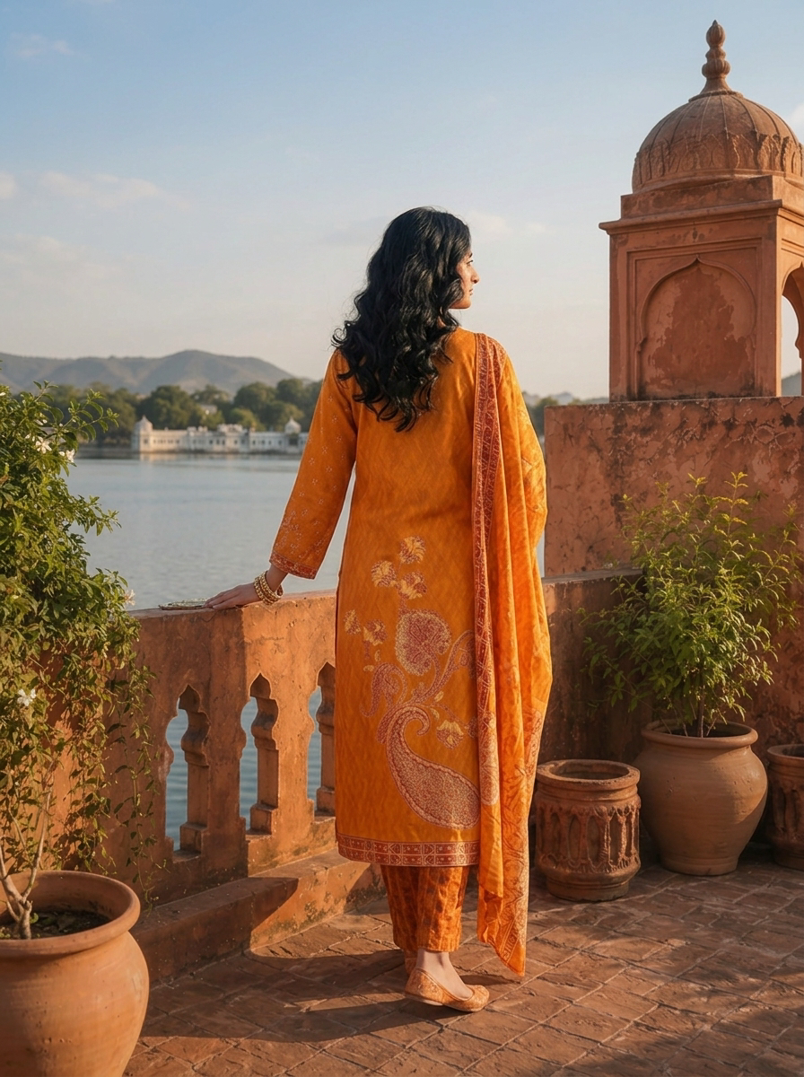Gold Rayon Paisley Floral Printed Three Piece Set