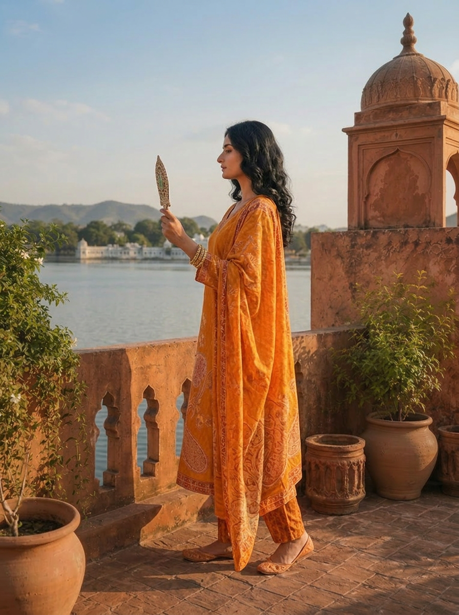 Gold Rayon Paisley Floral Printed Three Piece Set