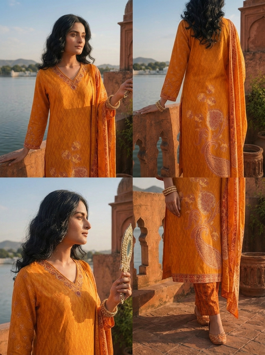 Gold Rayon Paisley Floral Printed Three Piece Set