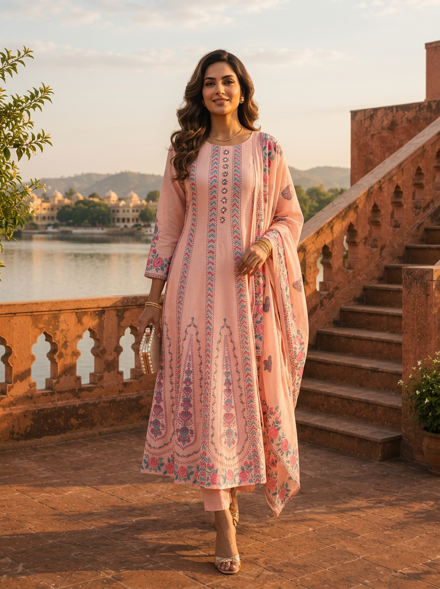 Baby Pink Cotton Arrow Panels Printed Three Piece Set