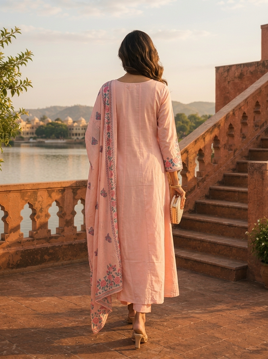 Baby Pink Cotton Arrow Panels Printed Three Piece Set