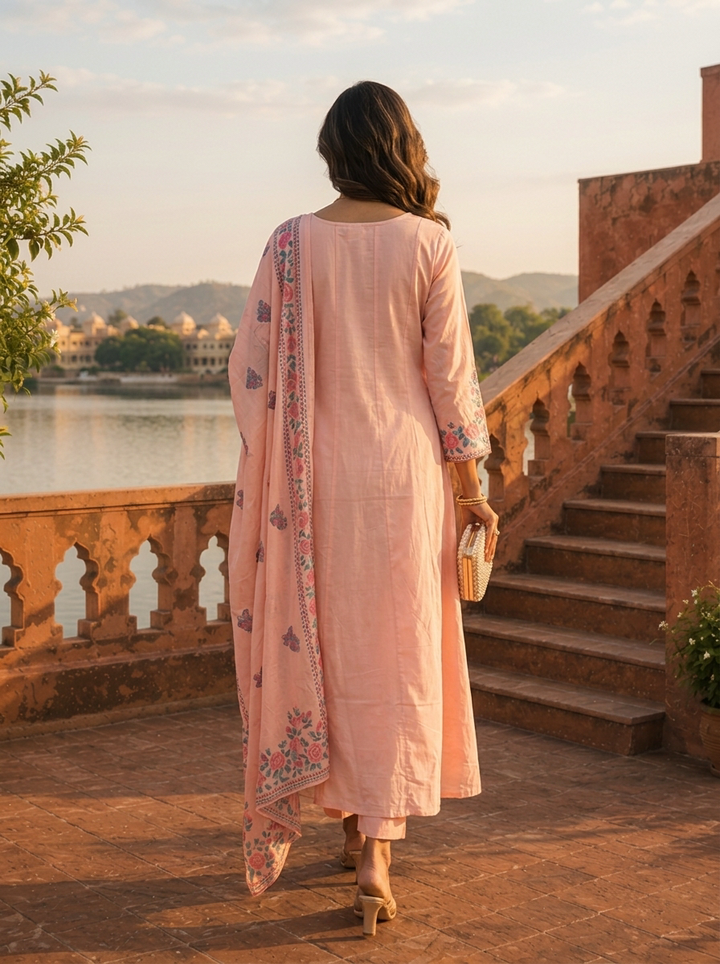 Baby Pink Cotton Arrow Panels Printed Three Piece Set