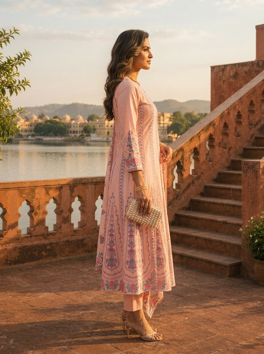 Baby Pink Cotton Arrow Panels Printed Three Piece Set