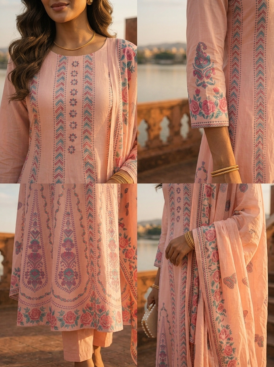 Baby Pink Cotton Arrow Panels Printed Three Piece Set