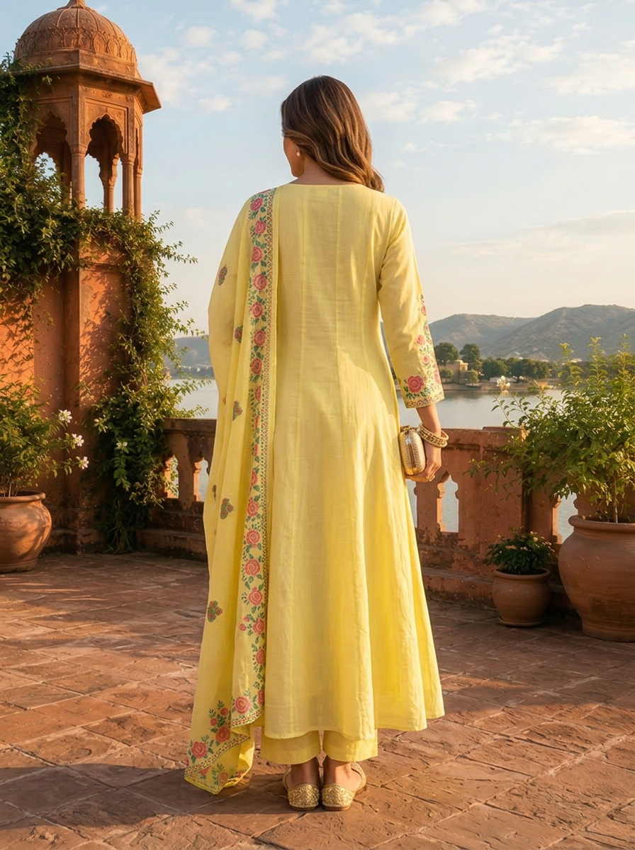 Lemon Cotton Arrow Panels Printed Three Piece Set