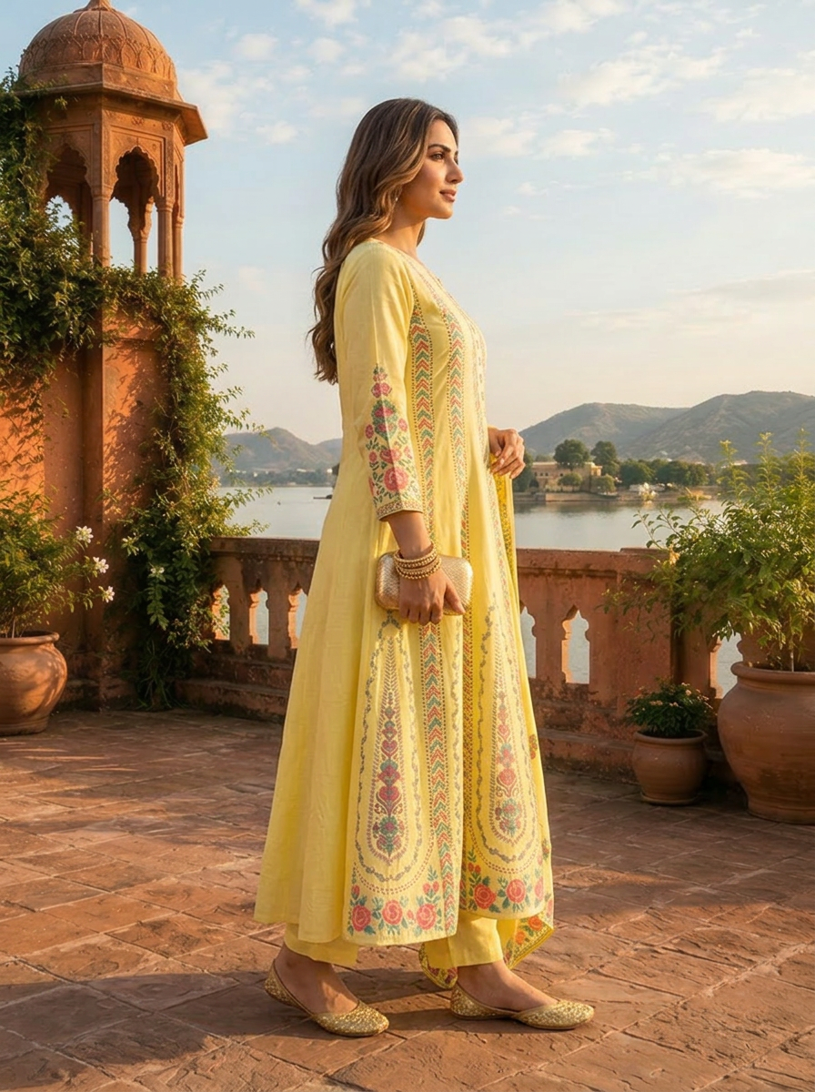 Lemon Cotton Arrow Panels Printed Three Piece Set