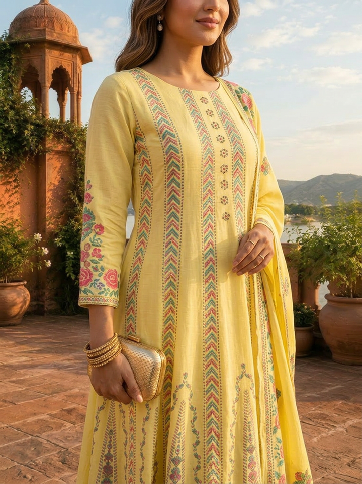 Lemon Cotton Arrow Panels Printed Three Piece Set