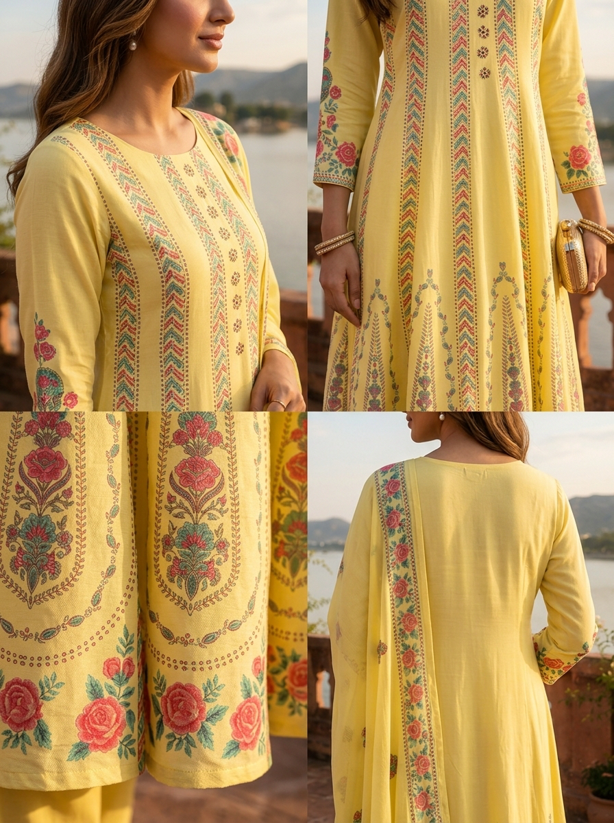 Lemon Cotton Arrow Panels Printed Three Piece Set