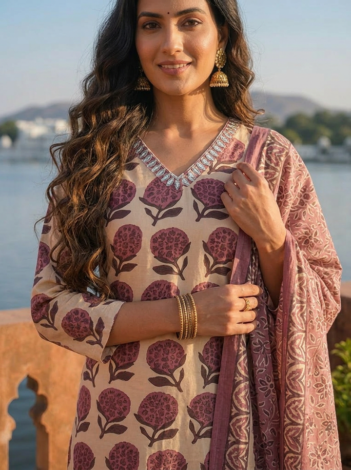 Wine Silk Butta Grid Block Printed Three Piece Set