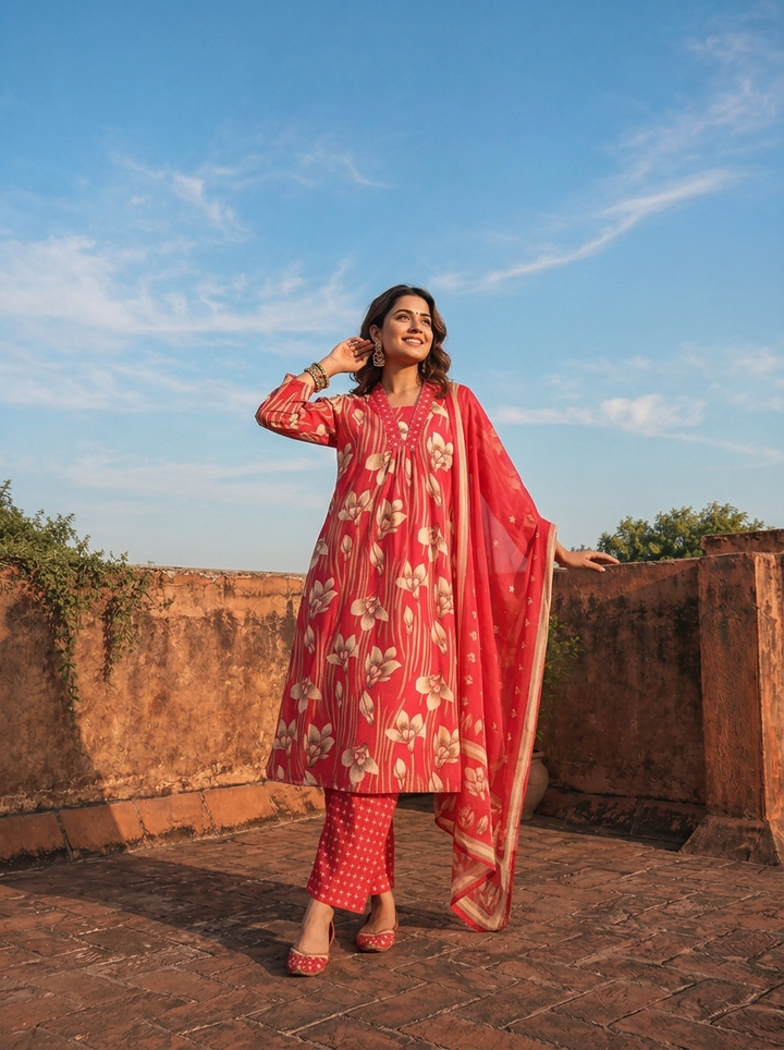 Magenta Cotton Linear Floral Printed Three Piece Set