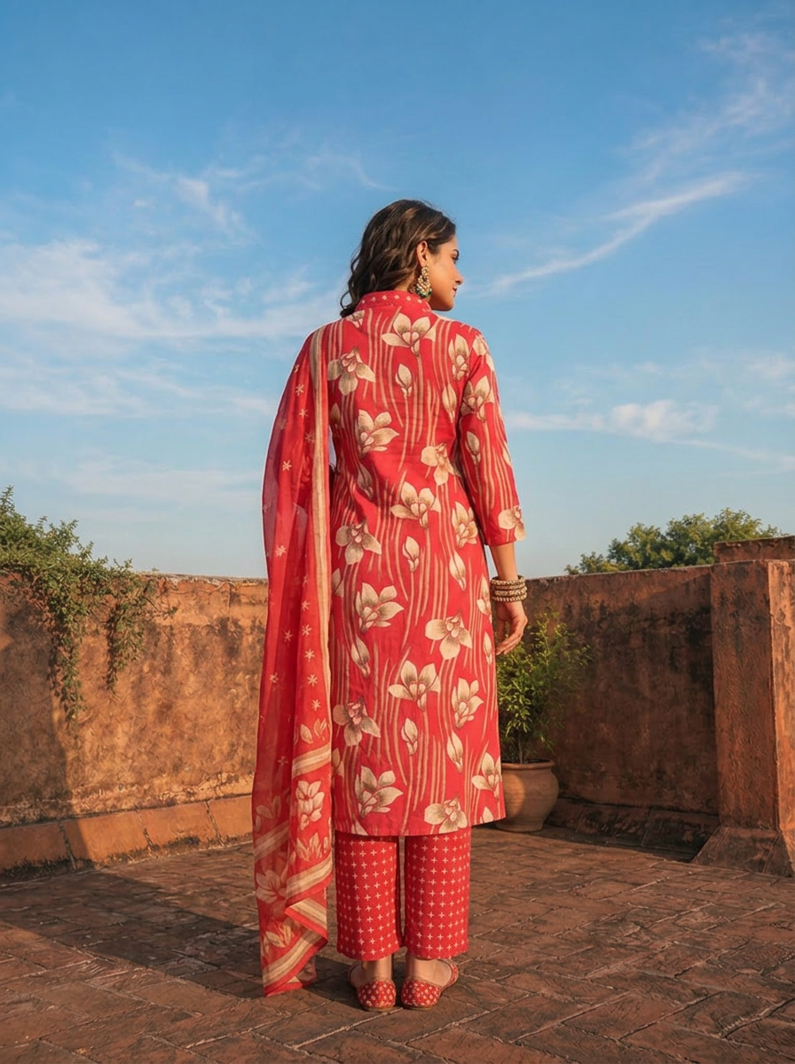 Magenta Cotton Linear Floral Printed Three Piece Set