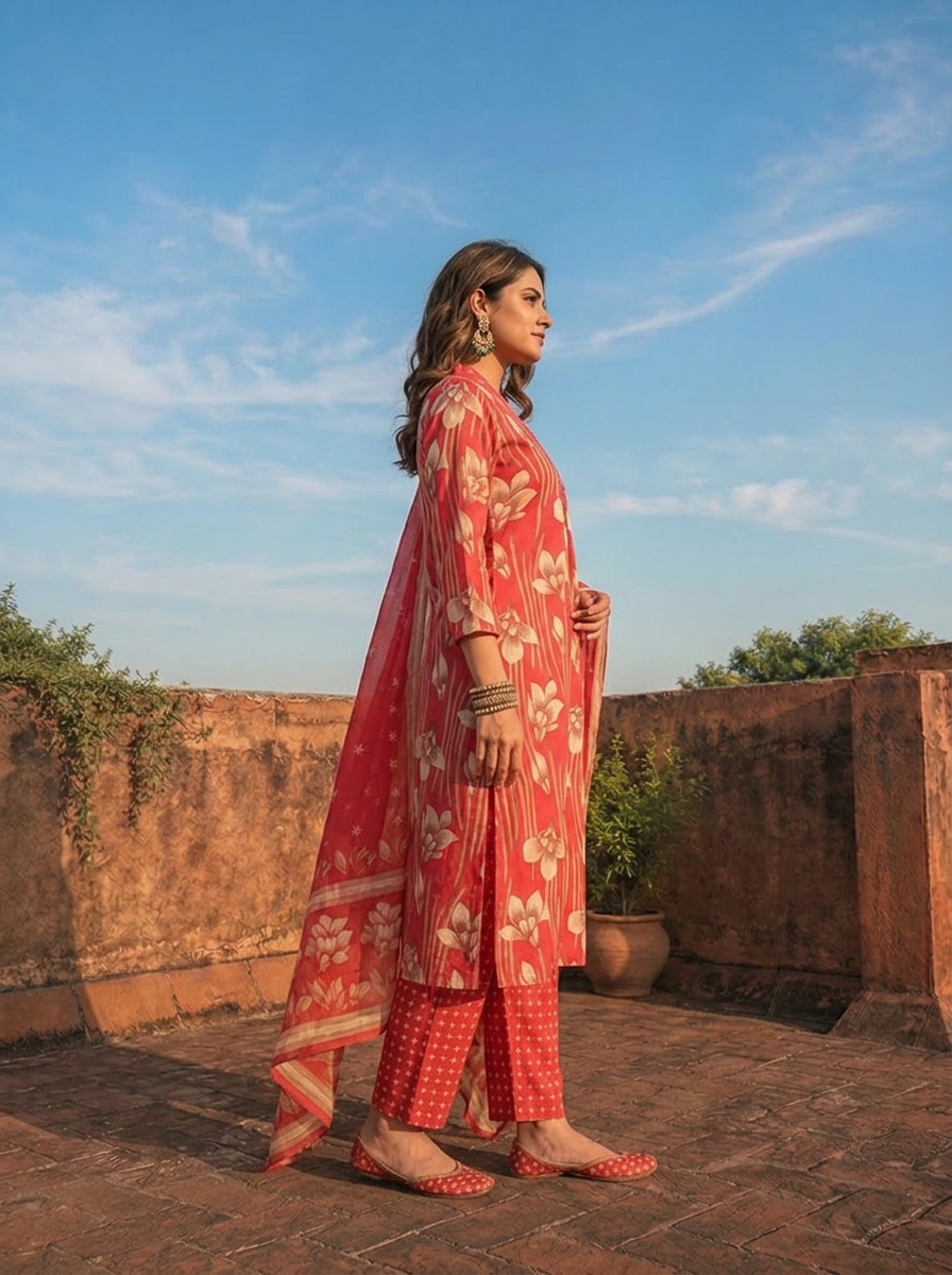 Magenta Cotton Linear Floral Printed Three Piece Set