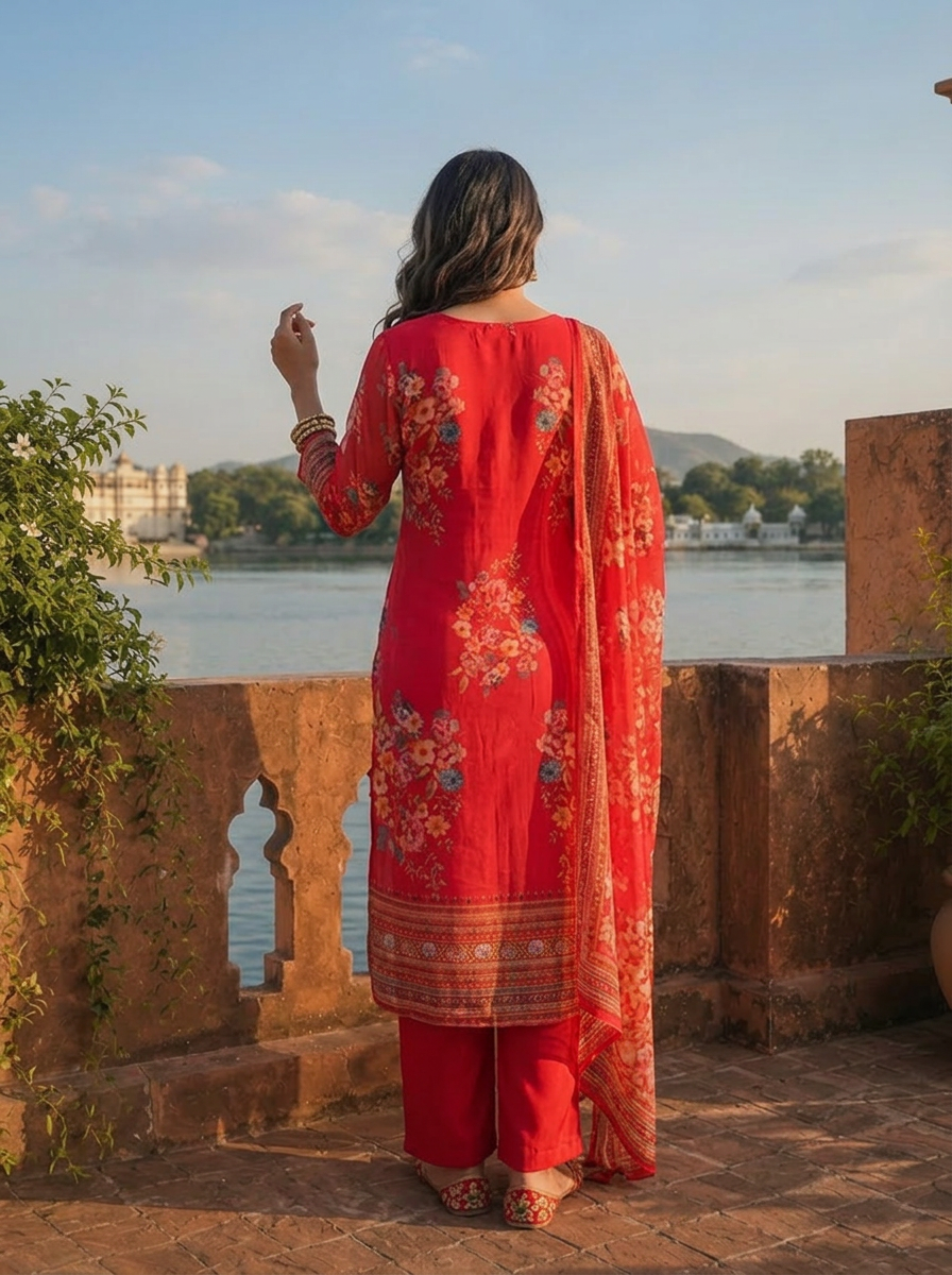 Rani Organza Scattered Floral Bouquet Motifs Printed Three Piece Set