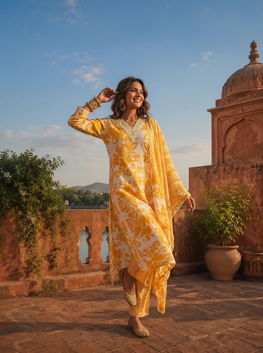 Mustard Cotton Baroque Floral Printed Three Piece Set