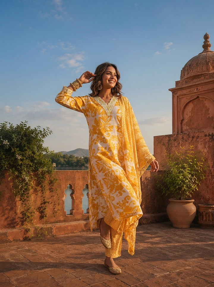 Mustard Cotton Baroque Floral Printed Three Piece Set