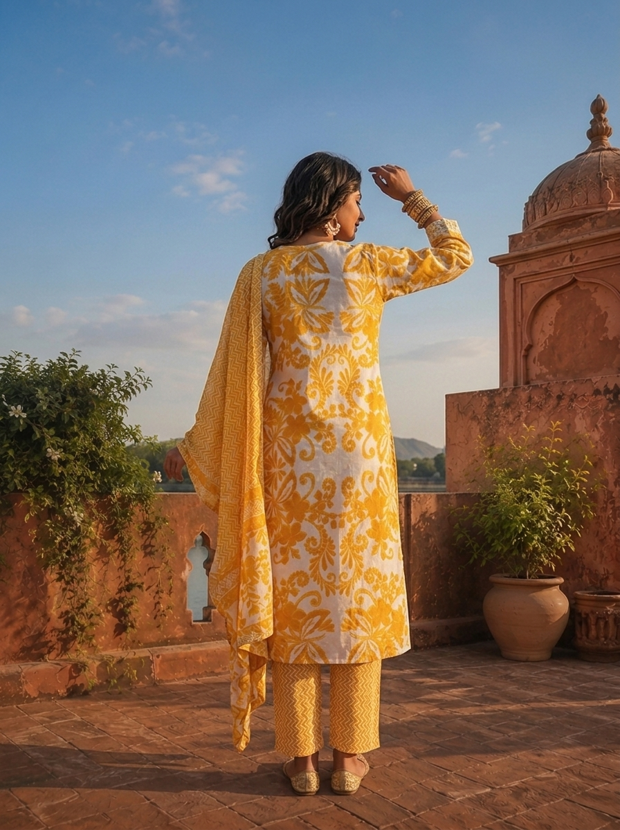 Mustard Cotton Baroque Floral Printed Three Piece Set