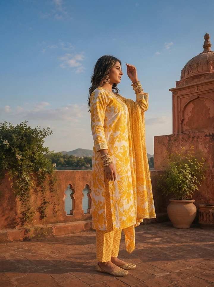 Mustard Cotton Baroque Floral Printed Three Piece Set