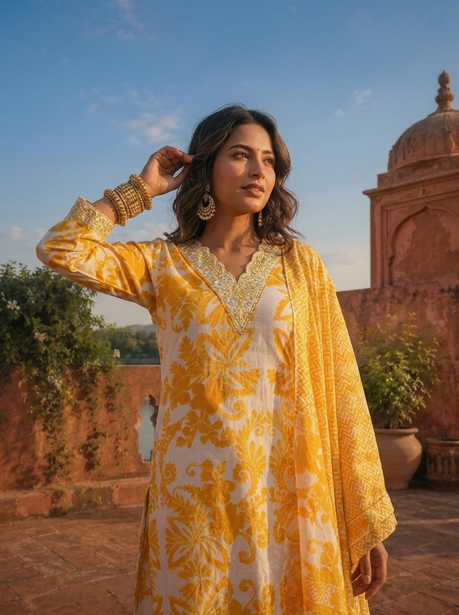 Mustard Cotton Baroque Floral Printed Three Piece Set