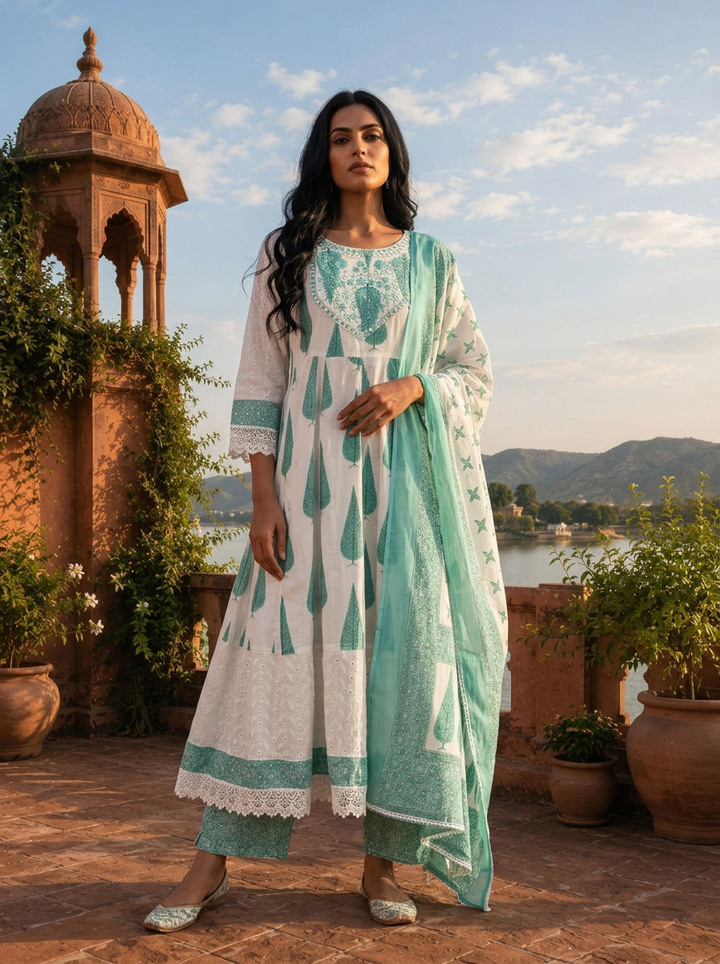 Sea Green Cotton Cypress Tree Motifs Printed Three Piece Set