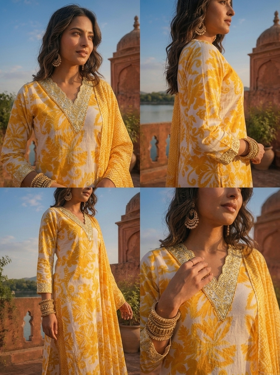 Mustard Cotton Baroque Floral Printed Three Piece Set