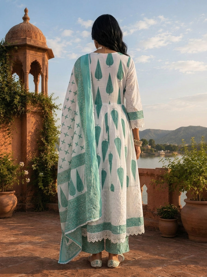 Sea Green Cotton Cypress Tree Motifs Printed Three Piece Set