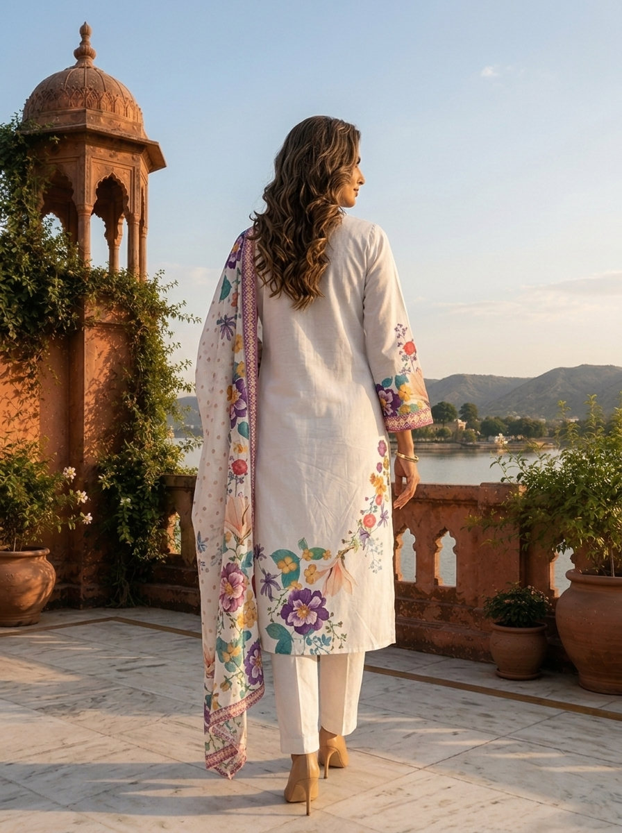 White Cotton Digital Watercolor Printed Three Piece Set