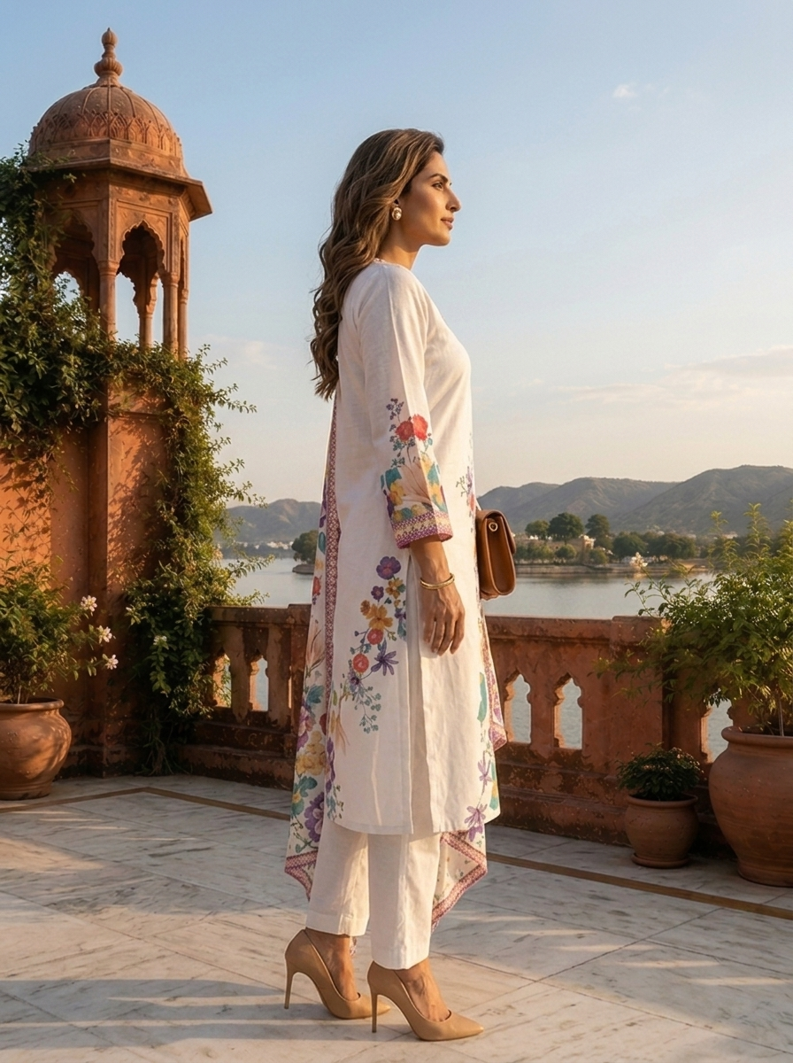 White Cotton Digital Watercolor Printed Three Piece Set