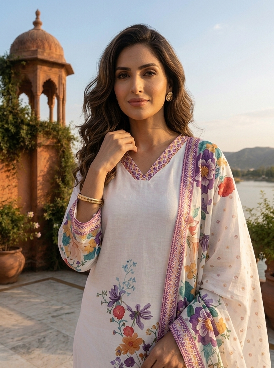 White Cotton Digital Watercolor Printed Three Piece Set
