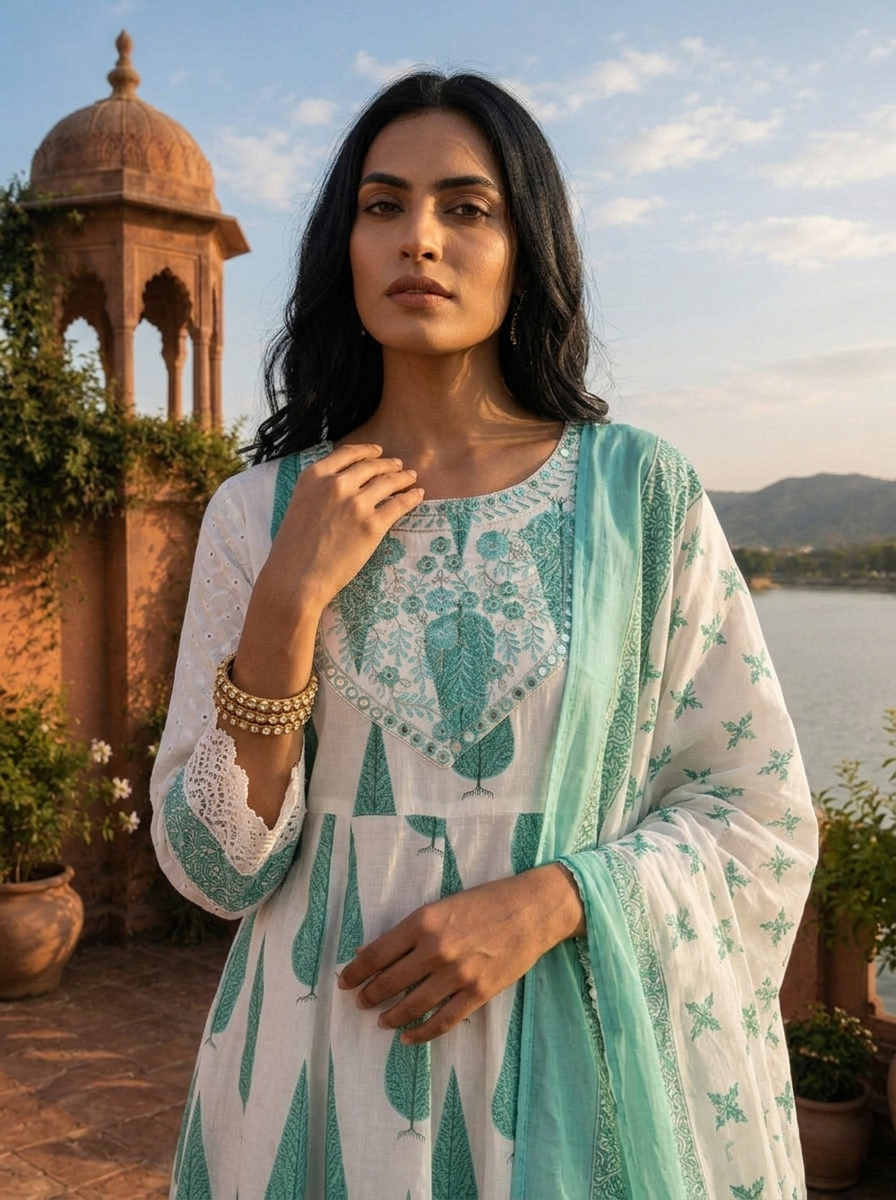 Sea Green Cotton Cypress Tree Motifs Printed Three Piece Set