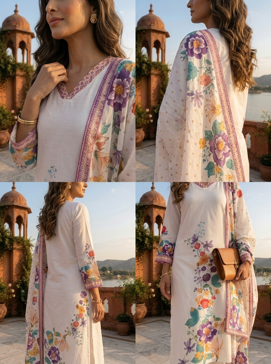 White Cotton Digital Watercolor Printed Three Piece Set