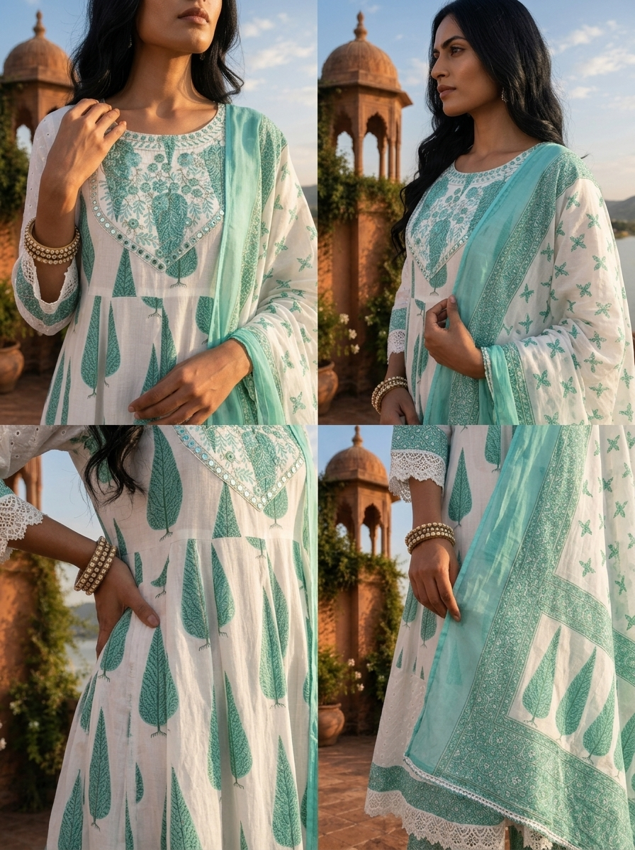 Sea Green Cotton Cypress Tree Motifs Printed Three Piece Set