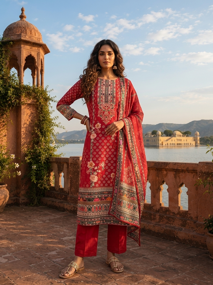 Maroon Silk Digital Ethnic Printed Three Piece Set