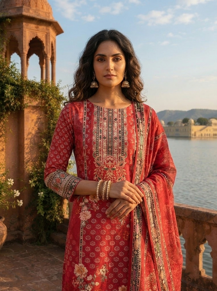 Maroon Silk Digital Ethnic Printed Three Piece Set