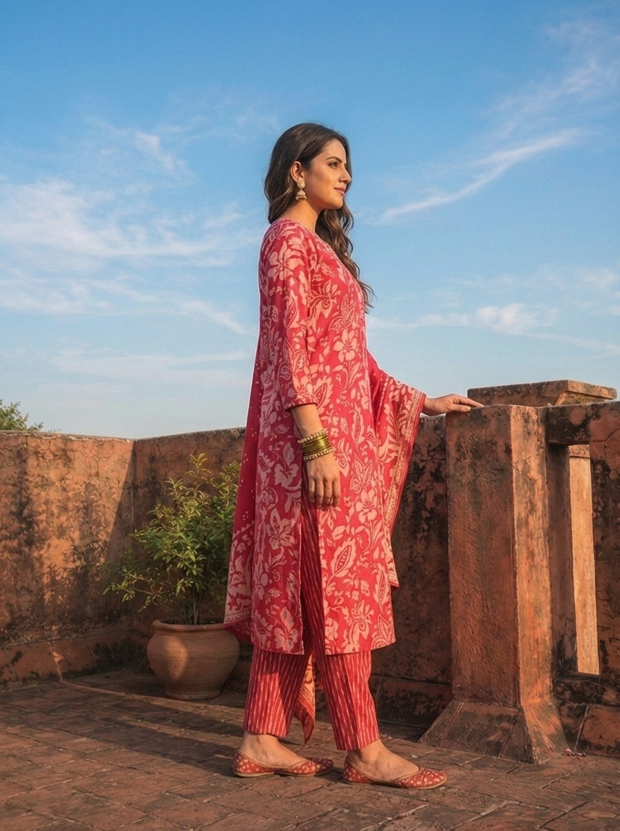 Magenta Silk Paisley Baroque Printed Three Piece Set