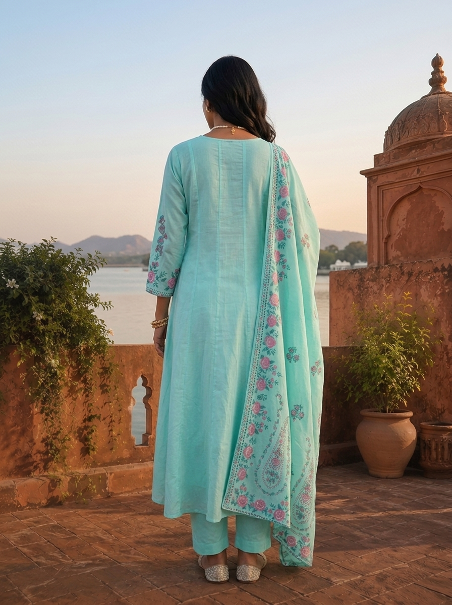 Sky Blue Cotton Arrow Panels Printed Three Piece Set