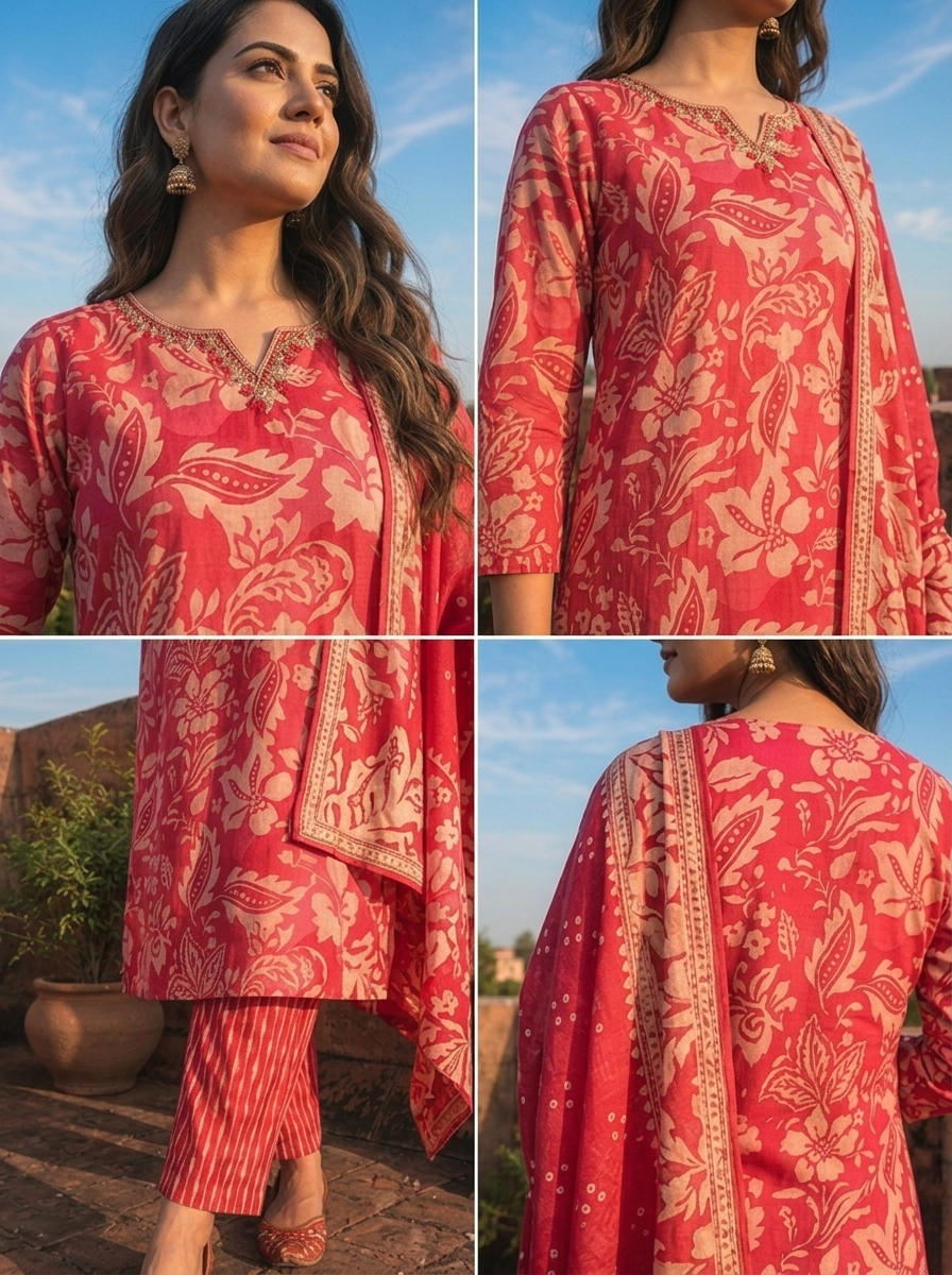 Magenta Silk Paisley Baroque Printed Three Piece Set