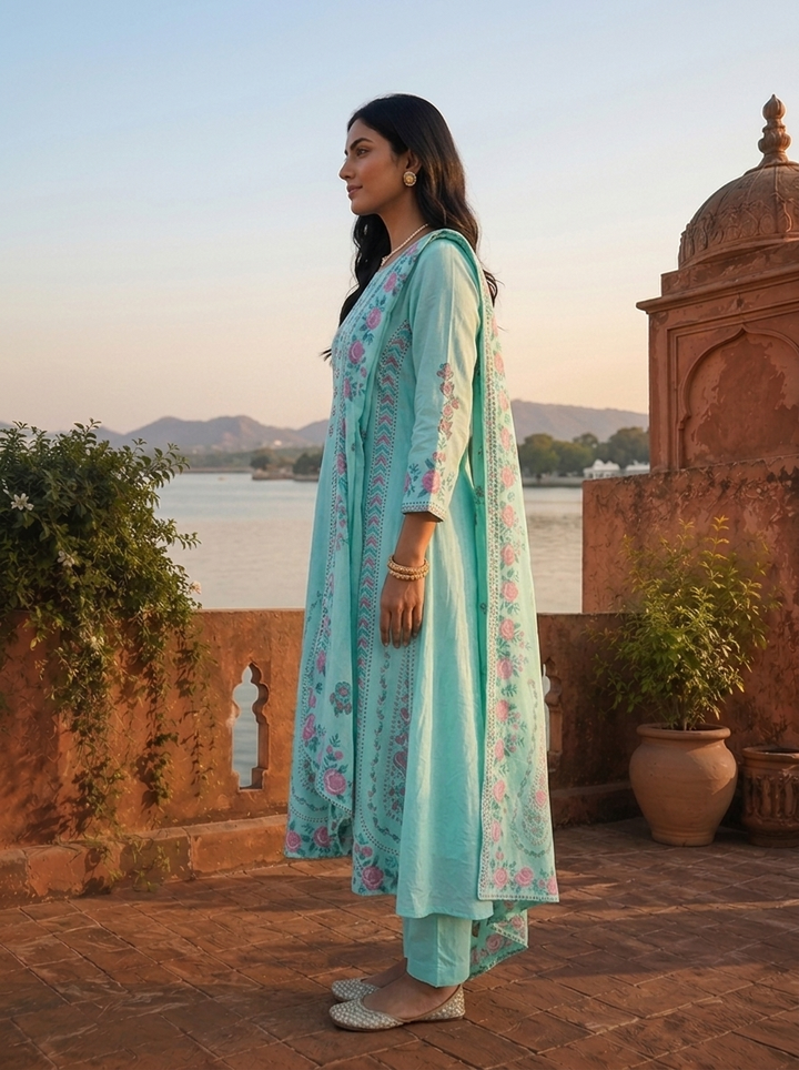 Sky Blue Cotton Arrow Panels Printed Three Piece Set